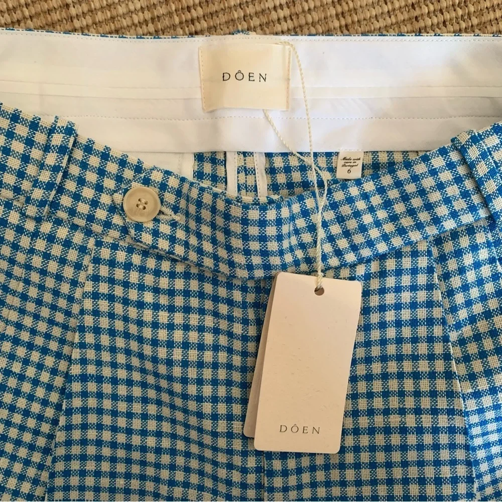 NWT Doen Kingsley Cotton Button High Waist Shorts Southhampton Gingham Blue - Picture 7 of 12
